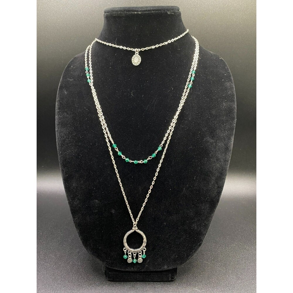 Silver Tone Aqua Green Crystal Bead Three Chain Necklace with Double Pendants